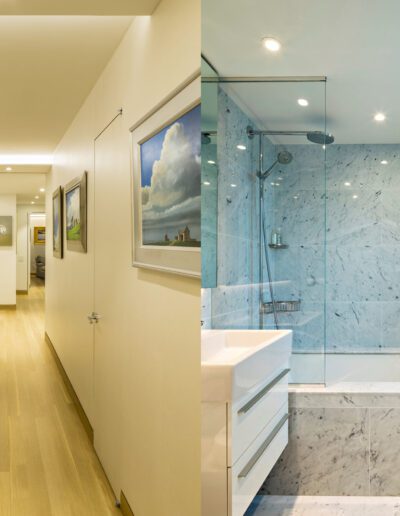 Two contrasting interiors: a warmly lit hallway with artwork on the left, and a modern bathroom with marble finish on the right.