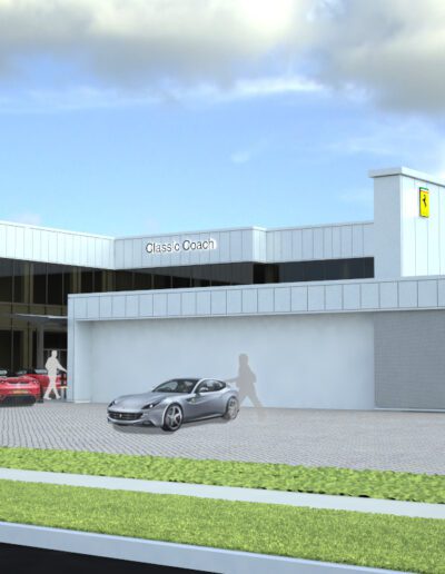 Architectural rendering of a modern car dealership with vehicles on display.