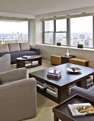 Modern living room with a view of the cityscape.