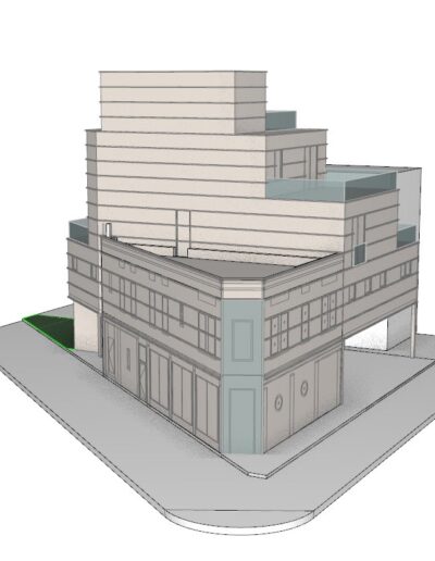 3d model of a modern multi-story building with a glass facade.